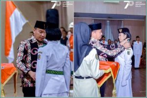 Bupati Delis Kukuhkan Paskibraka Morut, Nanda dan Alya Pembawa Baki Bendera Merah Putih