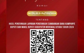 KPU Morut Umumkan Hasil Penerimaan Laporan Dana Kampanye Paslon Bupati dan Wakil Bupati Morowali Utara Tahun 2024