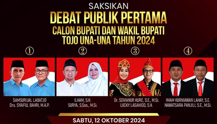 Saksikan Debat Publik Pertama Calon Bupati dan Wakil Bupati Tojo Una-Una Pada Pemilihan Serentak Tahun 2024