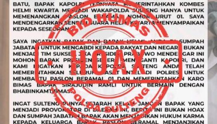 Tersebar Konten di Medsos, Polda Sulteng Tidak Netral dan Berpihak Salah Satu Paslon Adalah Fitnah dan Hoax