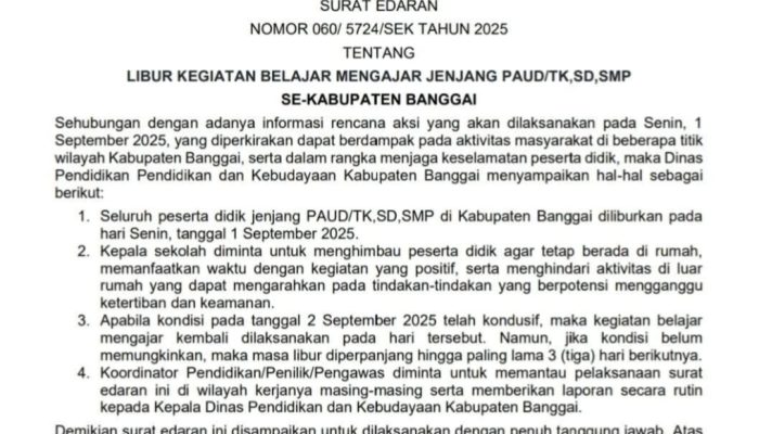 Dinas Pendidikan Banggai Keluarkan Surat Edaran, Sekolah Diliburkan 1 September 2025