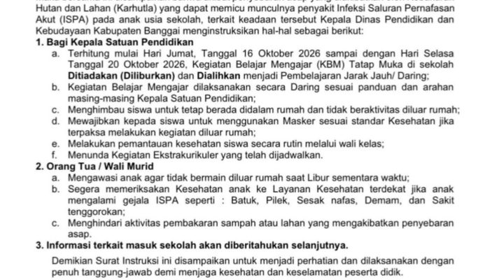 Disdikbud Banggai Hentikan Sementara KBM Tatap Muka 16–20 Oktober, Antisipasi Dampak Asap Karhutla